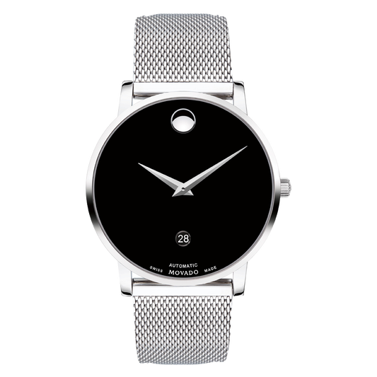 Movado| Museum Classic Automatic stainless steel watch and mesh bracelet  with black dial and exposed caseback to display movement structure | Schweizer Uhren