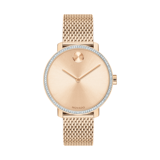 Movado Movado Bold Rose Gold Watch And Dial On A Rose Gold Mesh