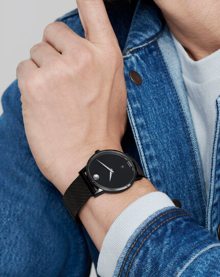 and Museum Classic bracelet Automatic stainless Movado| mesh movement black display and structure caseback dial steel watch with exposed to
