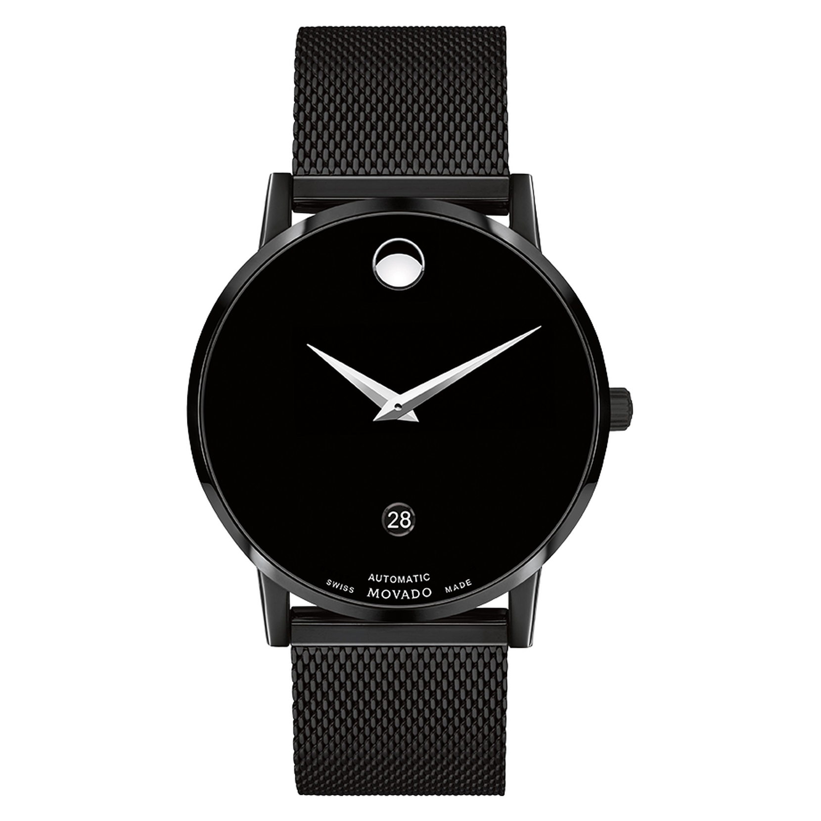 Museum and display stainless with Classic movement dial watch black exposed Movado| caseback bracelet mesh steel Automatic and to structure