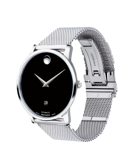 Movado| Museum Classic Automatic stainless steel watch and mesh bracelet  with black dial and exposed caseback to display movement structure