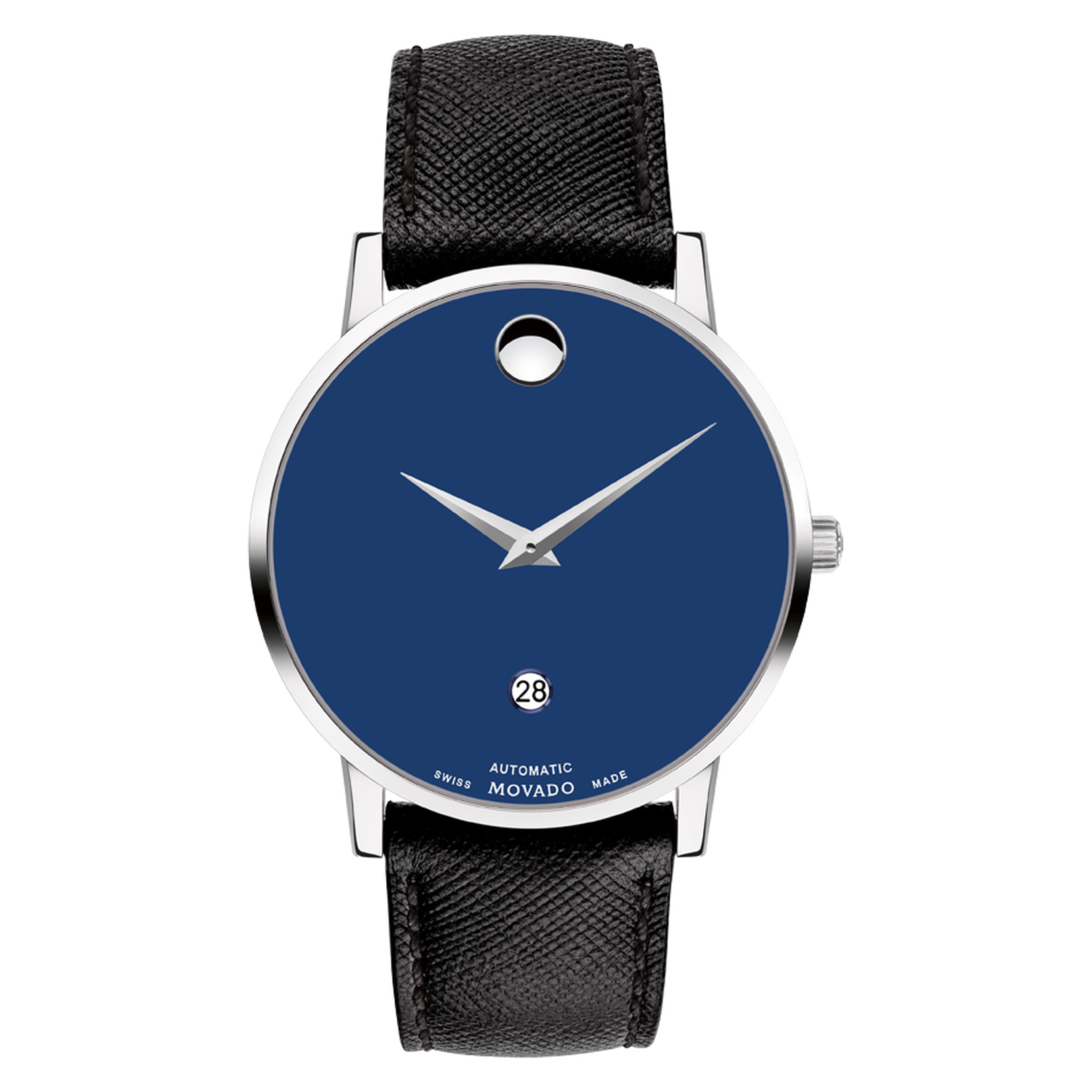Movado| Museum Classic Automatic black leather watch with blue dial and  exposed caseback to display movement construction