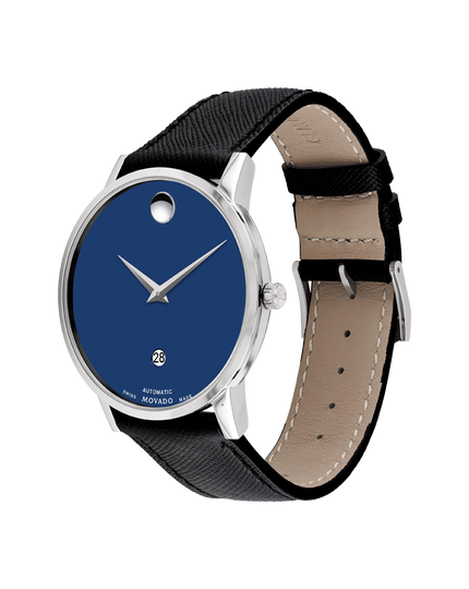 blue to watch Classic construction black Museum leather and with Automatic display dial movement Movado| exposed caseback