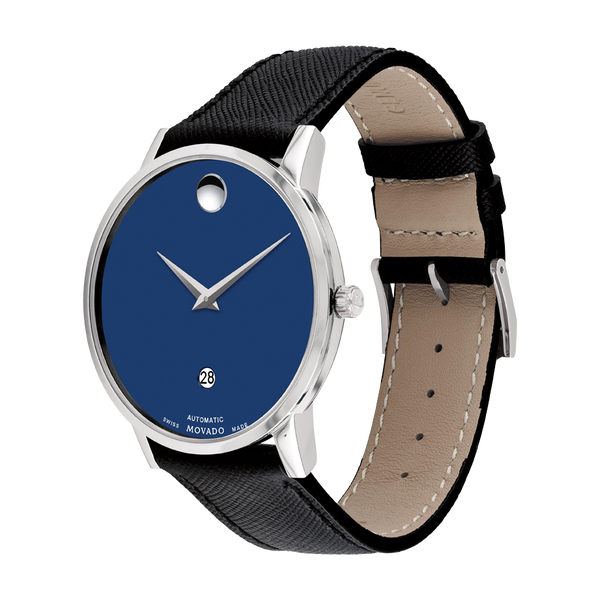 Movado| Museum Classic Automatic black leather watch with blue 