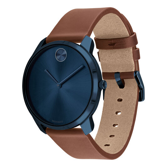 Movado Movado Bold Blue Pvd Watch With Blue Dial And Brown