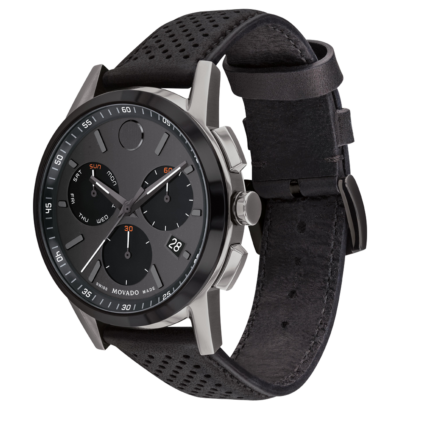 black watch Movado Movado strap with leather Museum | Sport dial perforated black chronograph