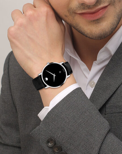 Movado Leather Case Black Classic Strap Automatic Watch Stainless Movado Museum Steel With |