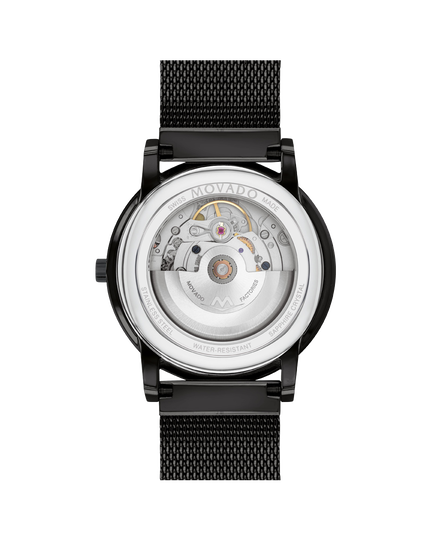 mesh stainless dial movement to with bracelet Movado| structure Museum watch black steel Classic exposed display caseback Automatic and and