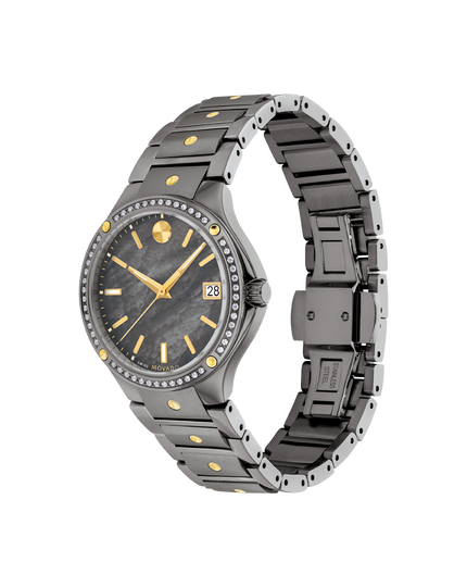 Movado | Movado SE grey stainless steel and gold accents mother of pearl  dial watch. Features anti-corrosive bezel, date window, Swiss  Super-LumiNova hands and hour markers