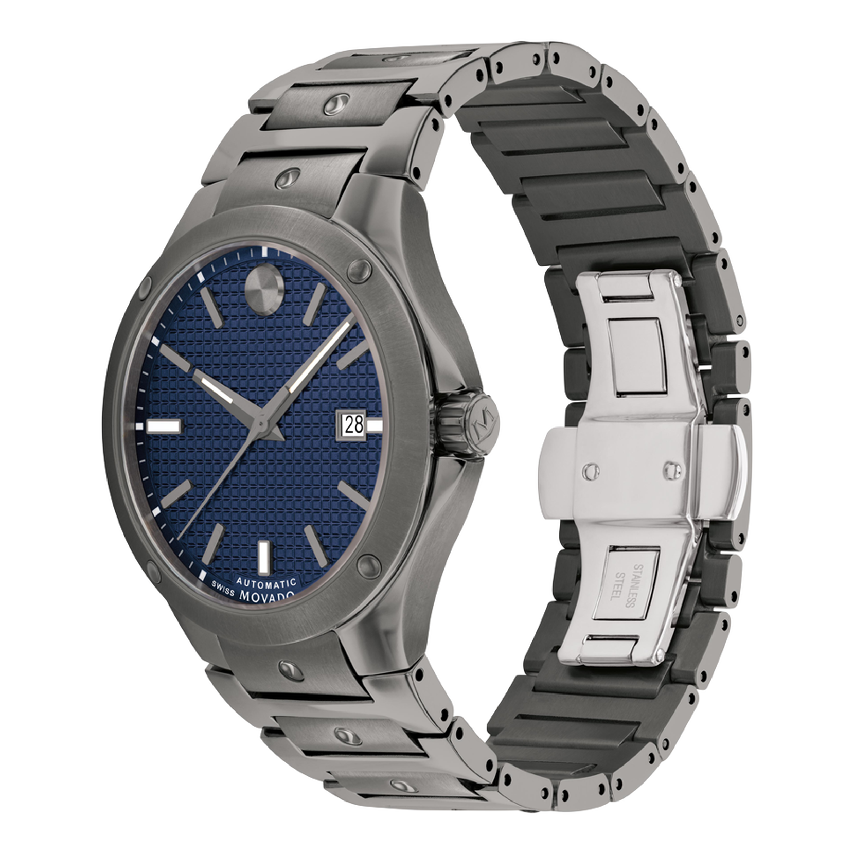and stainless with grey Automatic hands/hour blue Sapphire Movado steel | watch crystal SE dial, Swiss Super-LumiNova Movado