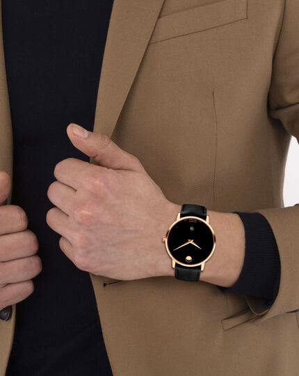 Black Leather | Movado Movado Watch Classic Rose Museum Strap With Automatic Case Gold