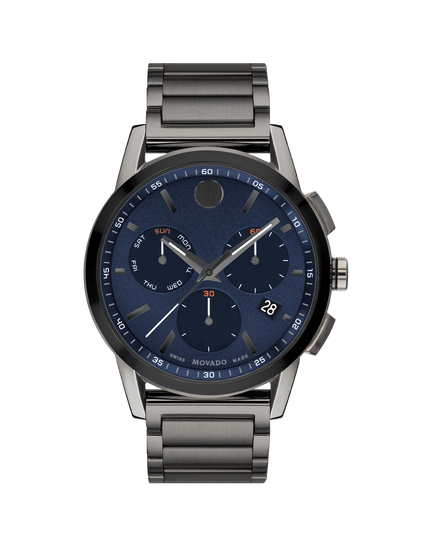 Museum watch with Movado blue Sport | dial and gunmetal bracelet