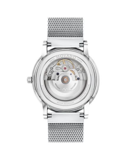Movado| Museum Classic Automatic with mesh to and exposed movement display structure dial and black caseback steel stainless bracelet watch