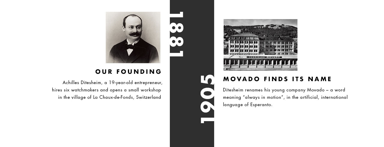 Achilles Ditesheim, a 19-year-old entrepreneur, hires six watchmakers and opens a small workshop in the village of La Chaux-de-Fonds, Switzerland. Ditesheim renames his young company Movado – a word meaning “always in motion”, in the artificial, international language of Esperanto.