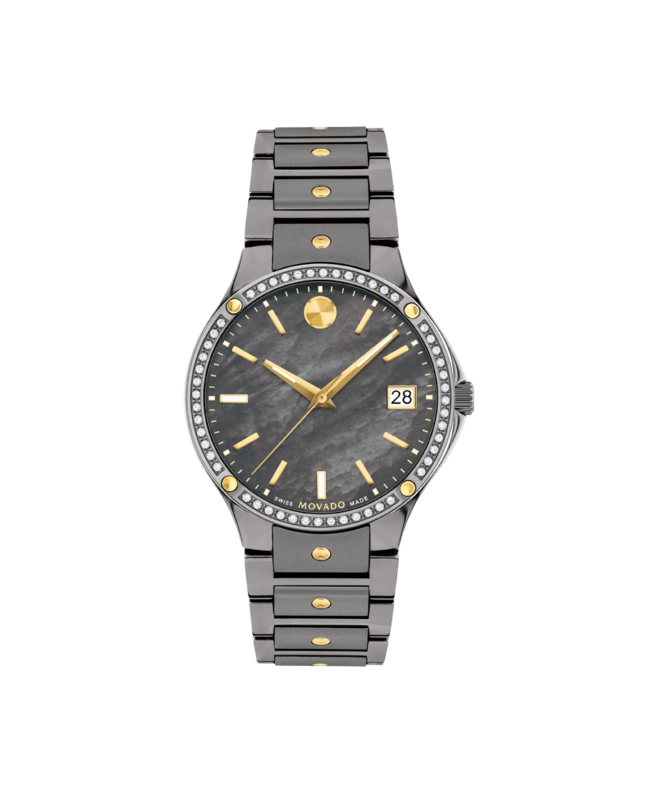 Movado SE grey stainless steel and gold accents mother of pearl dial watch.  Features anti-corrosive bezel, date window, Swiss Super-LumiNova hands and  hour markers - Movado