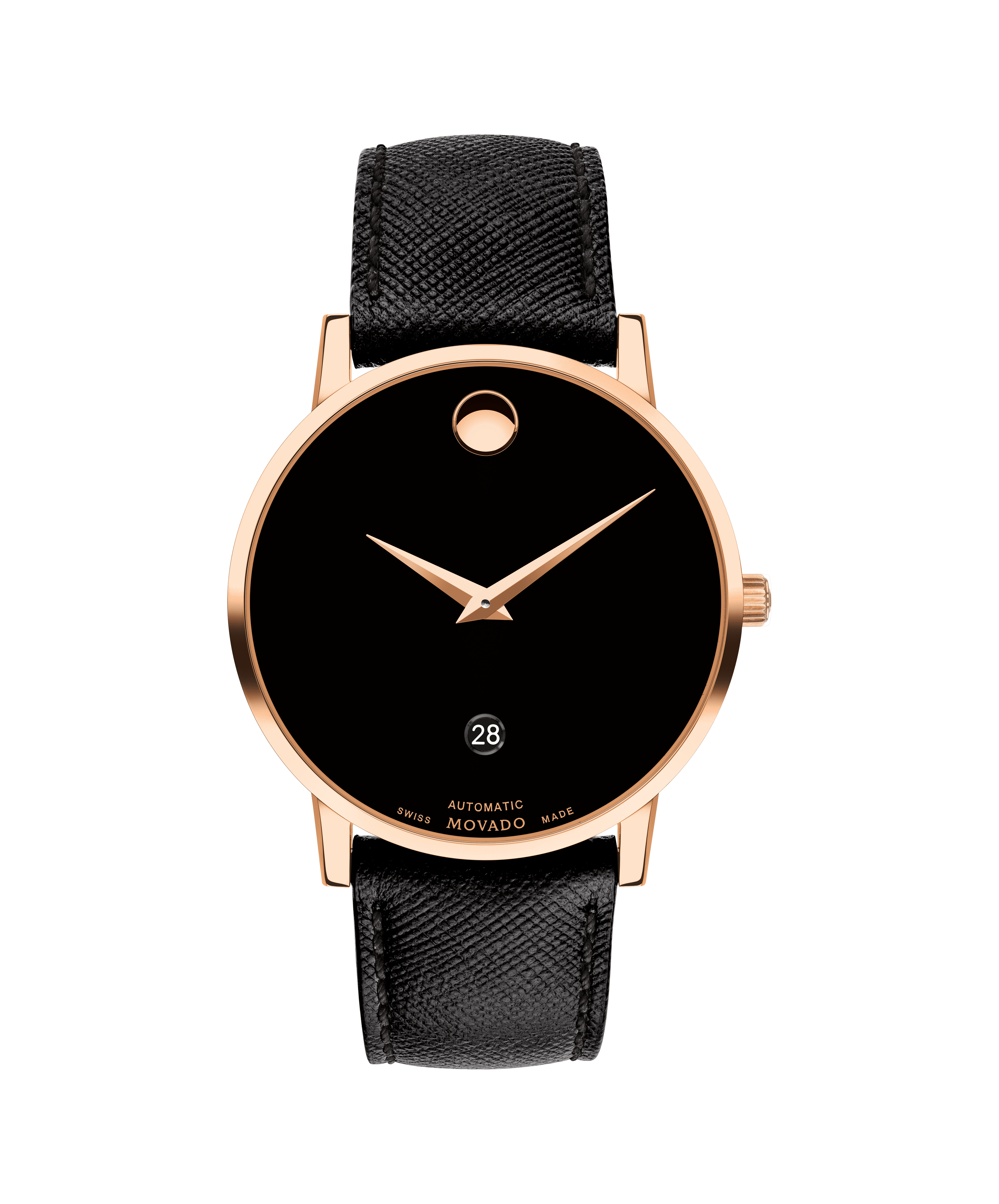 Movado Museum Classic Automatic Black Leather Strap Watch With Rose Gold  Case - Movado